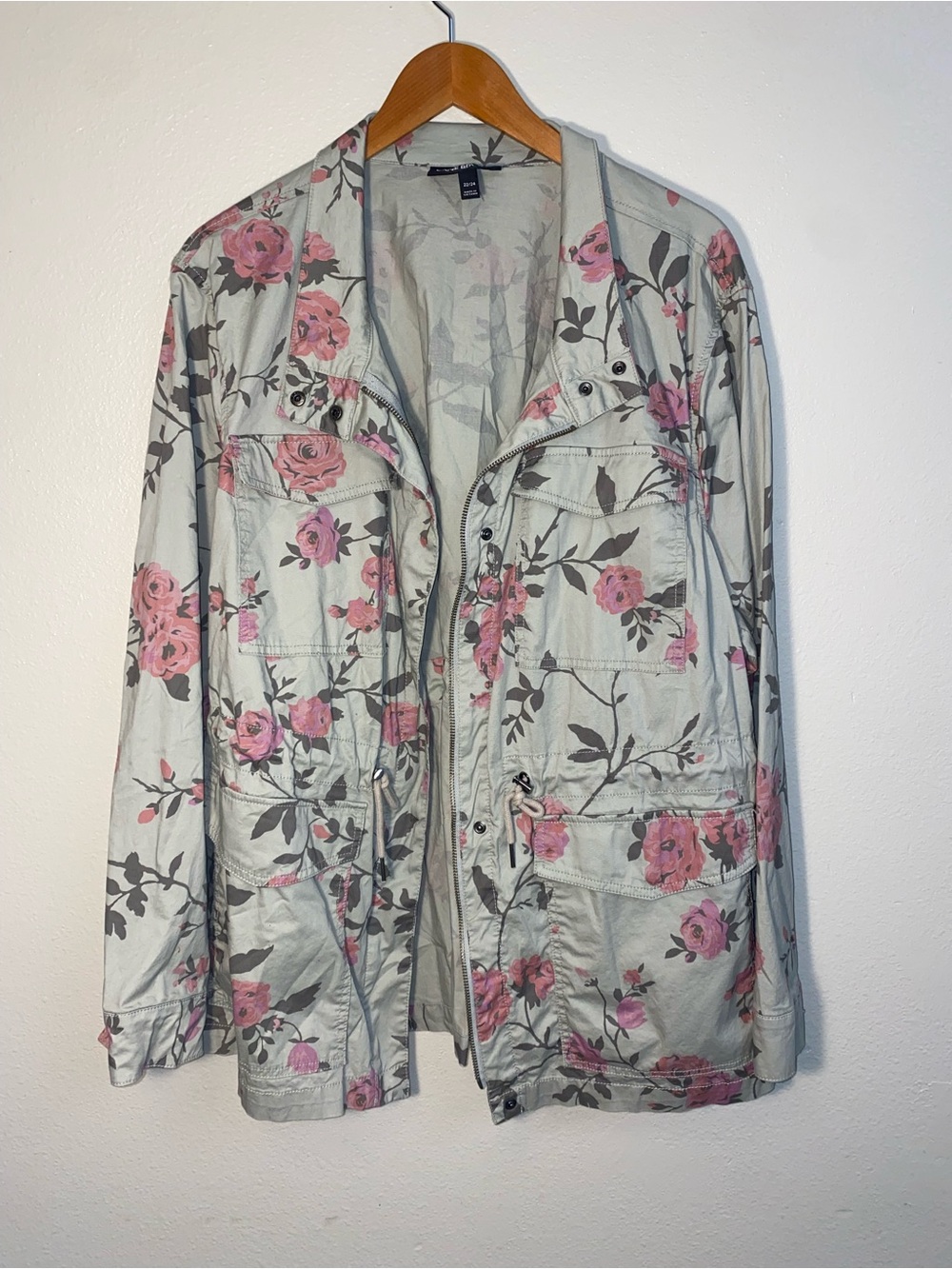Lane Bryant Floral Utility Anorak Cargo Jacket Green Pink Roses Plus Size 22/24